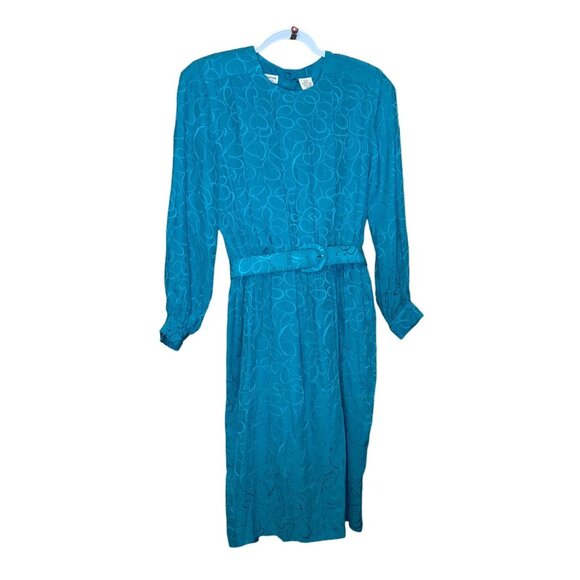 Vintage Liz Claiborne Petite 6 Teal Silk Dress With Belt & Button Details - Picture 1 of 8
